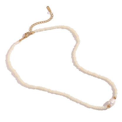 Wholesale Jewelry Casual Basic Solid Color 304 Stainless Steel Freshwater Pearl Seed Bead 18K Gold Plated Beaded Plating Necklace