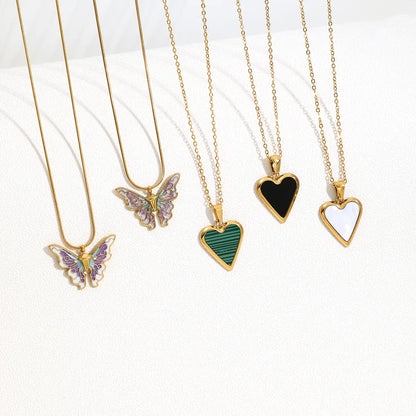 Wholesale Casual Cute Classic Style Heart Shape Butterfly Stainless Steel Plating 18k Gold Plated Pendant Necklace