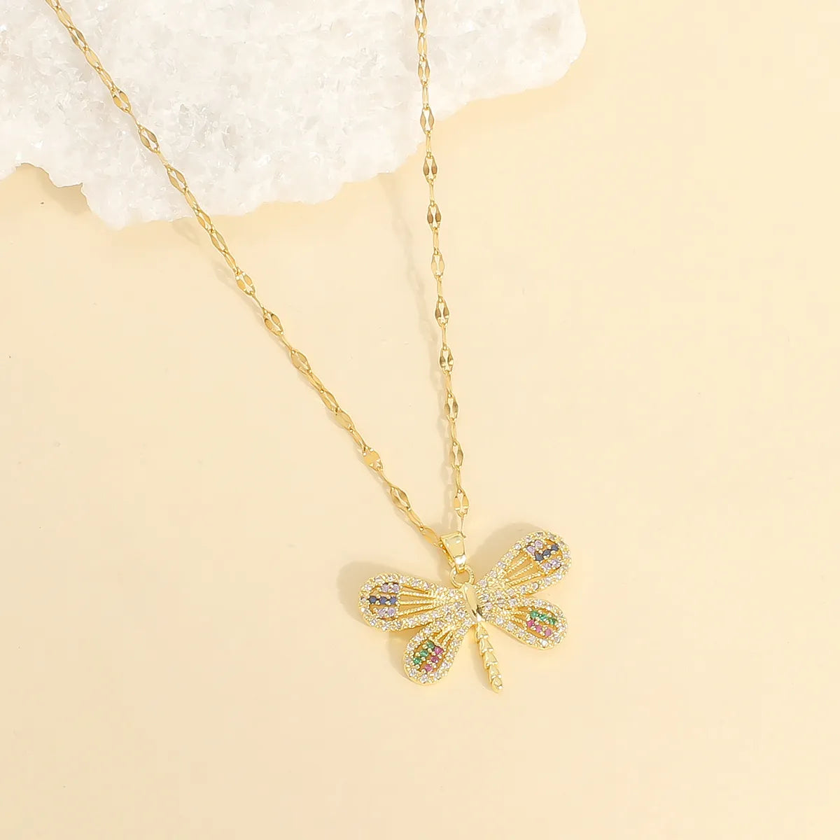 Wholesale Casual Cute Vacation Dragonfly 304 Stainless Steel Copper Plating Inlay 18K Gold Plated Zircon Pendant Necklace