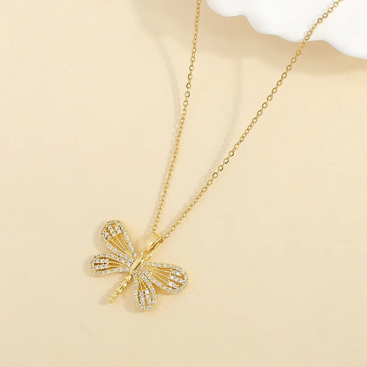 Wholesale Casual Cute Vacation Dragonfly 304 Stainless Steel Copper Plating Inlay 18K Gold Plated Zircon Pendant Necklace