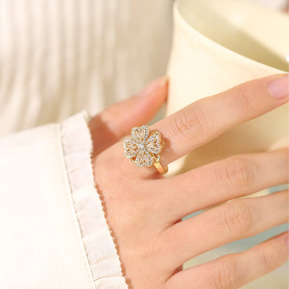 Wholesale Casual Elegant Flower Copper Zircon Open Rings