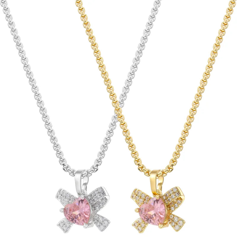 Wholesale Casual Elegant Shiny Heart Shape Bow Knot Copper Inlay 18K Gold Plated Zircon Pendant Necklace