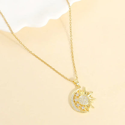 Wholesale Casual Elegant Sun Moon 304 Stainless Steel Copper Plating Inlay 18K Gold Plated Zircon Pendant Necklace