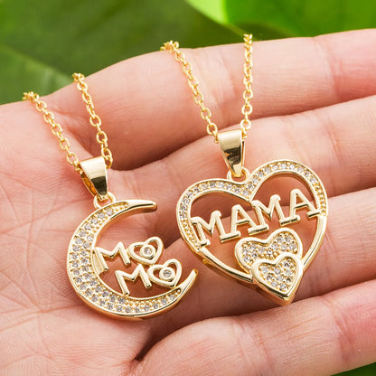 Wholesale Casual Mama Letter Heart Shape Stainless Steel Rhinestone 18k Gold Plated Zircon Pendant Necklace