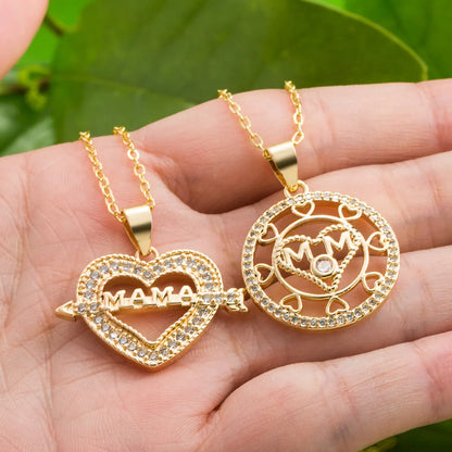 Wholesale Casual Mama Letter Heart Shape Stainless Steel Rhinestone 18k Gold Plated Zircon Pendant Necklace