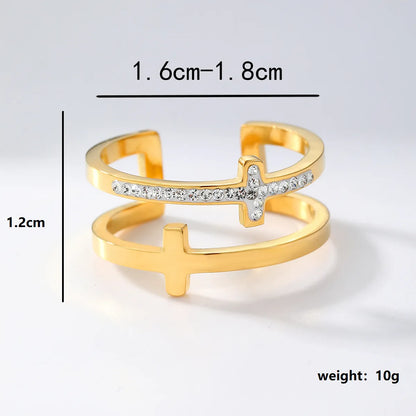 Wholesale Casual Modern Style Simple Style Cross Stainless Steel Asymmetrical Plating Inlay 18k Gold Plated Rhinestones Open Rings