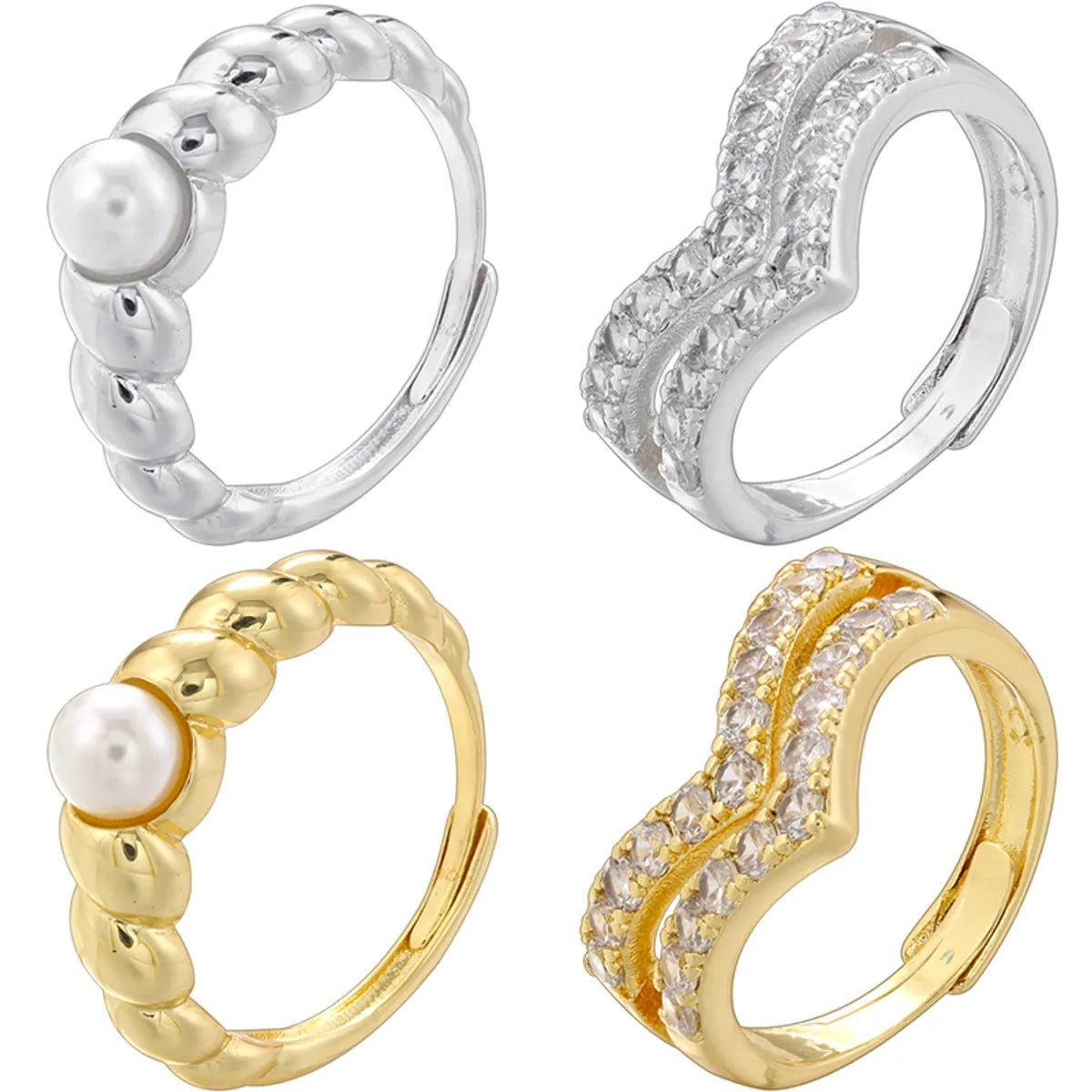 Wholesale Casual Simple Style Classic Style V Shape Twist Copper Plating Inlay 18K Gold Plated Zircon Open Rings