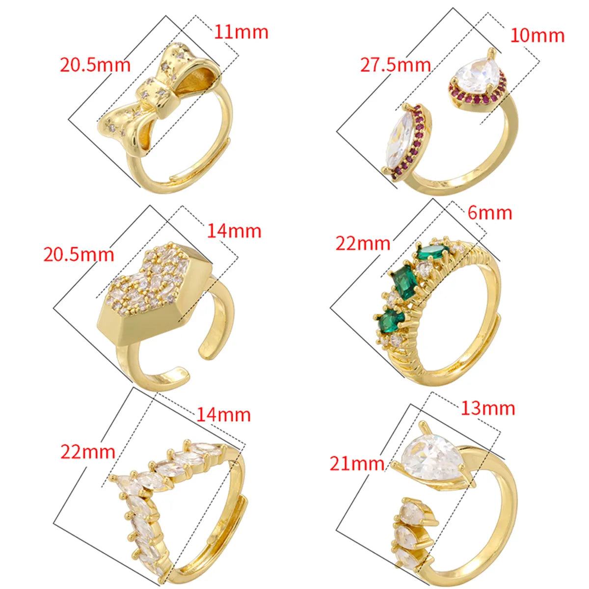 Wholesale Casual Simple Style Heart Shape Bow Knot Copper 18K Gold Plated Zircon Open Rings