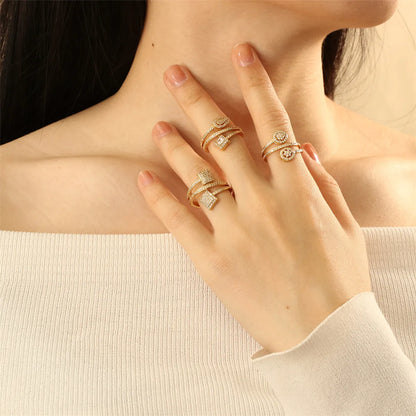 Wholesale Casual Simple Style Round Square Copper Layered Inlay 18K Gold Plated Zircon Open Rings