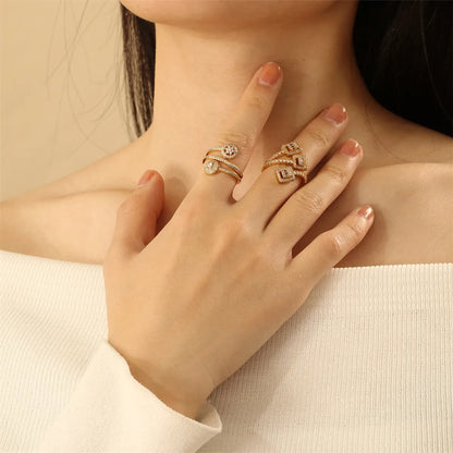 Wholesale Casual Simple Style Round Square Copper Layered Inlay 18K Gold Plated Zircon Open Rings