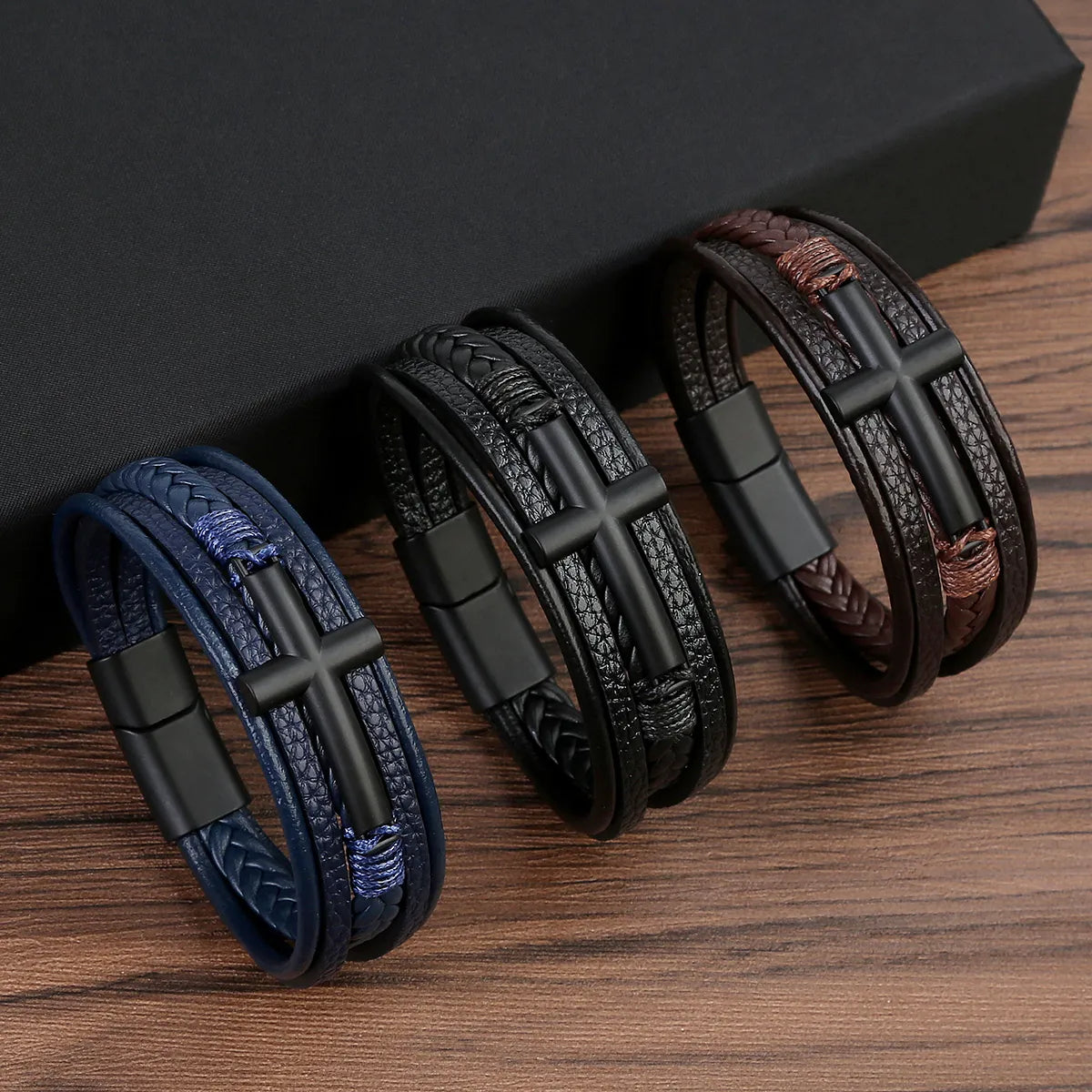 Casual Streetwear Cross Stainless Steel Pu Leather Bangle