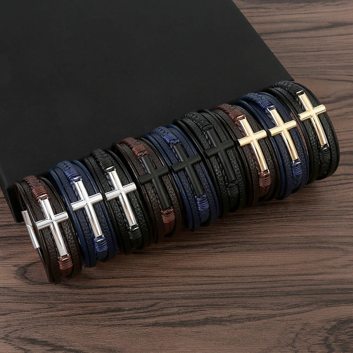 Casual Streetwear Cross Stainless Steel Pu Leather Bangle