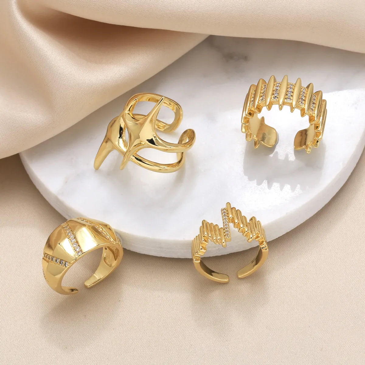 Wholesale Casual Streetwear Geometric Copper Plating Inlay 18K Gold Plated Zircon Rings