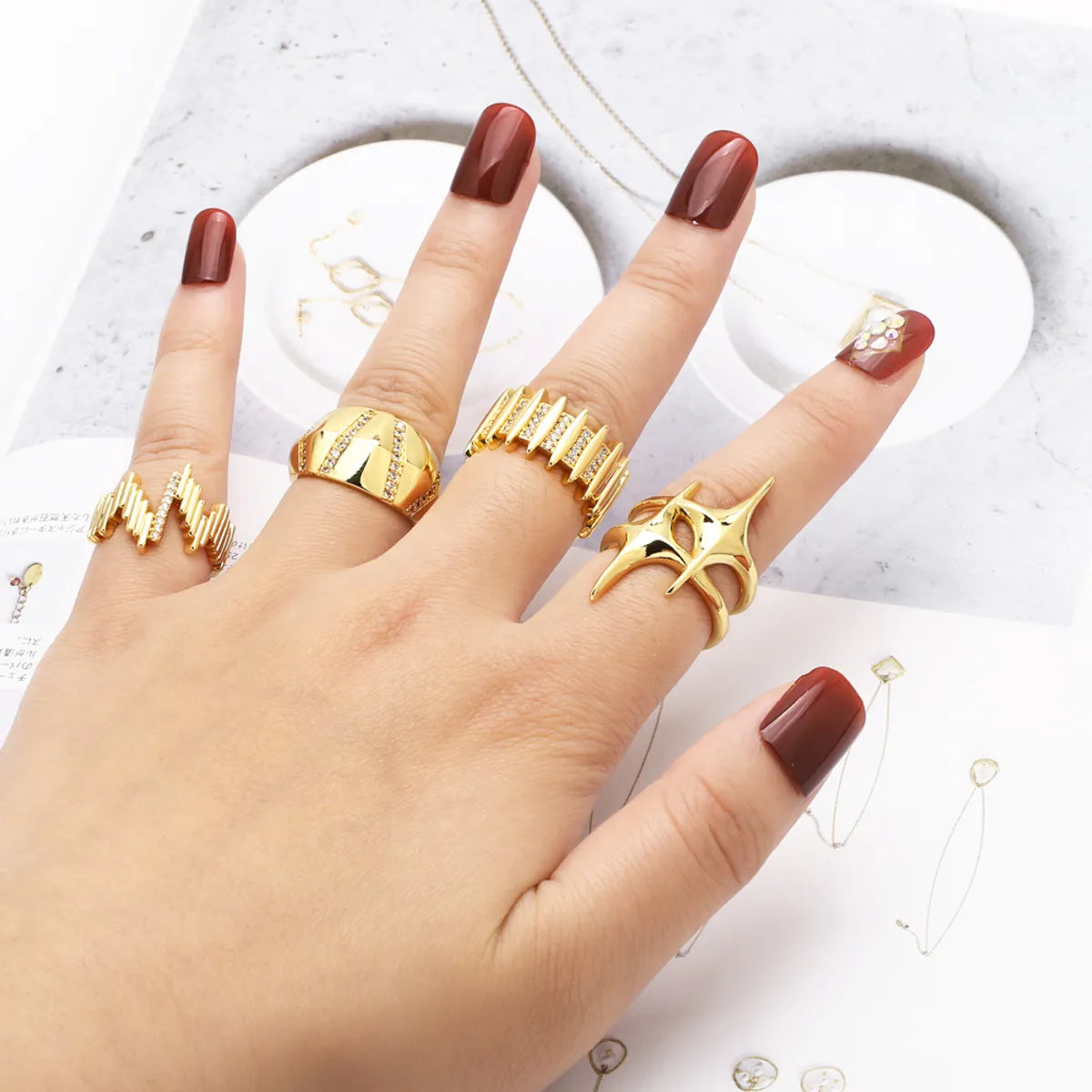 Wholesale Casual Streetwear Geometric Copper Plating Inlay 18K Gold Plated Zircon Rings