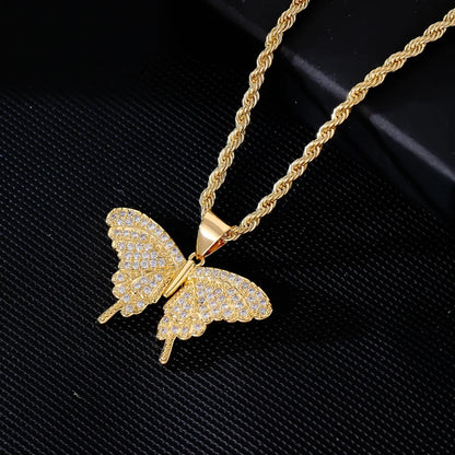 Wholesale Classic Style Streetwear Butterfly Stainless Steel Titanium Steel Plating Inlay Gold Plated Rhinestones Pendant Necklace