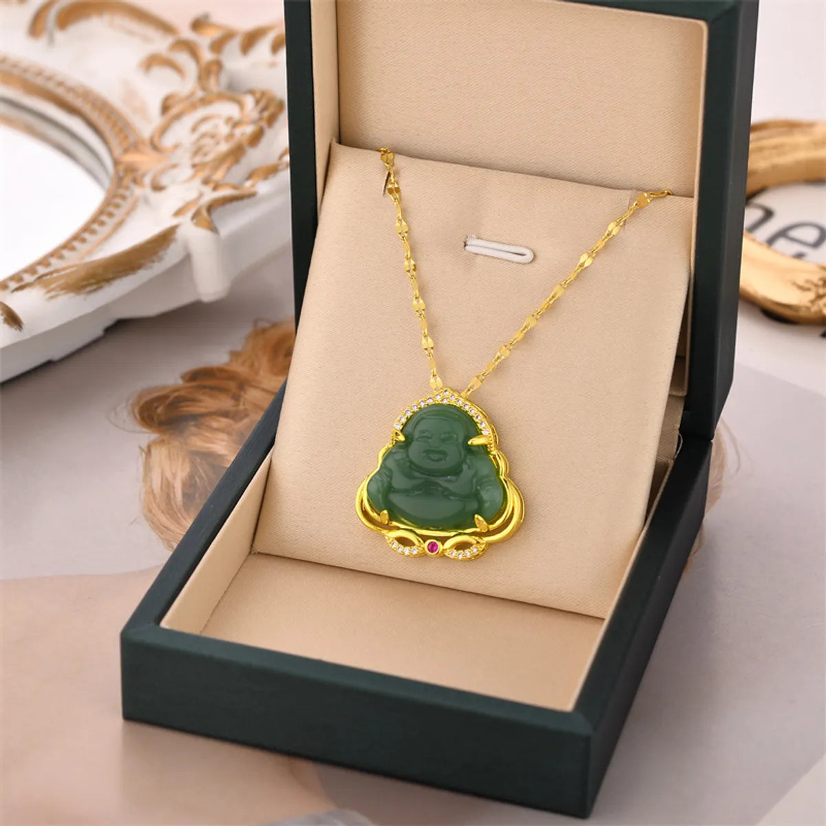 Wholesale Jewelry Classical Portrait 201 Stainless Steel Jade Zircon 18K Gold Plated Plating Inlay Pendant Necklace