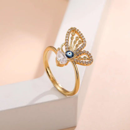 Wholesale Cute Devil'S Eye Butterfly Copper Plating Inlay Artificial Gemstones Open Rings