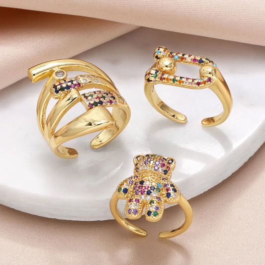 Wholesale Cute Modern Style Simple Style Bear Copper Plating Inlay 18K Gold Plated Zircon Rings