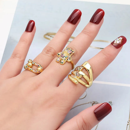 Wholesale Cute Modern Style Simple Style Bear Copper Plating Inlay 18K Gold Plated Zircon Rings