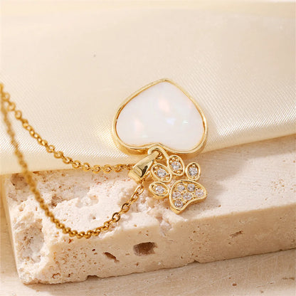 Wholesale Cute Romantic Sweet Paw Print Heart Shape Bow Knot 304 Stainless Steel Copper Inlay K Gold Plated Shell Zircon Pendant Necklace