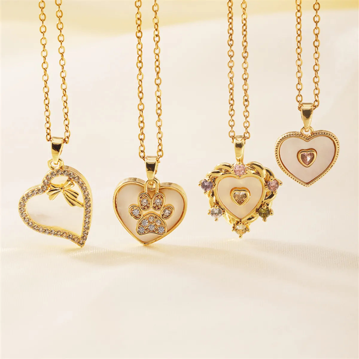 Wholesale Cute Romantic Sweet Paw Print Heart Shape Bow Knot 304 Stainless Steel Copper Inlay K Gold Plated Shell Zircon Pendant Necklace