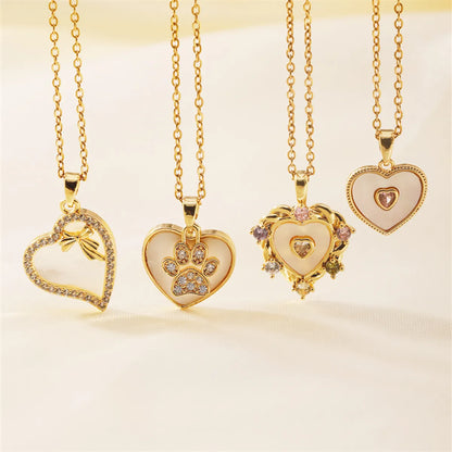 Wholesale Cute Romantic Sweet Paw Print Heart Shape Bow Knot 304 Stainless Steel Copper Inlay K Gold Plated Shell Zircon Pendant Necklace