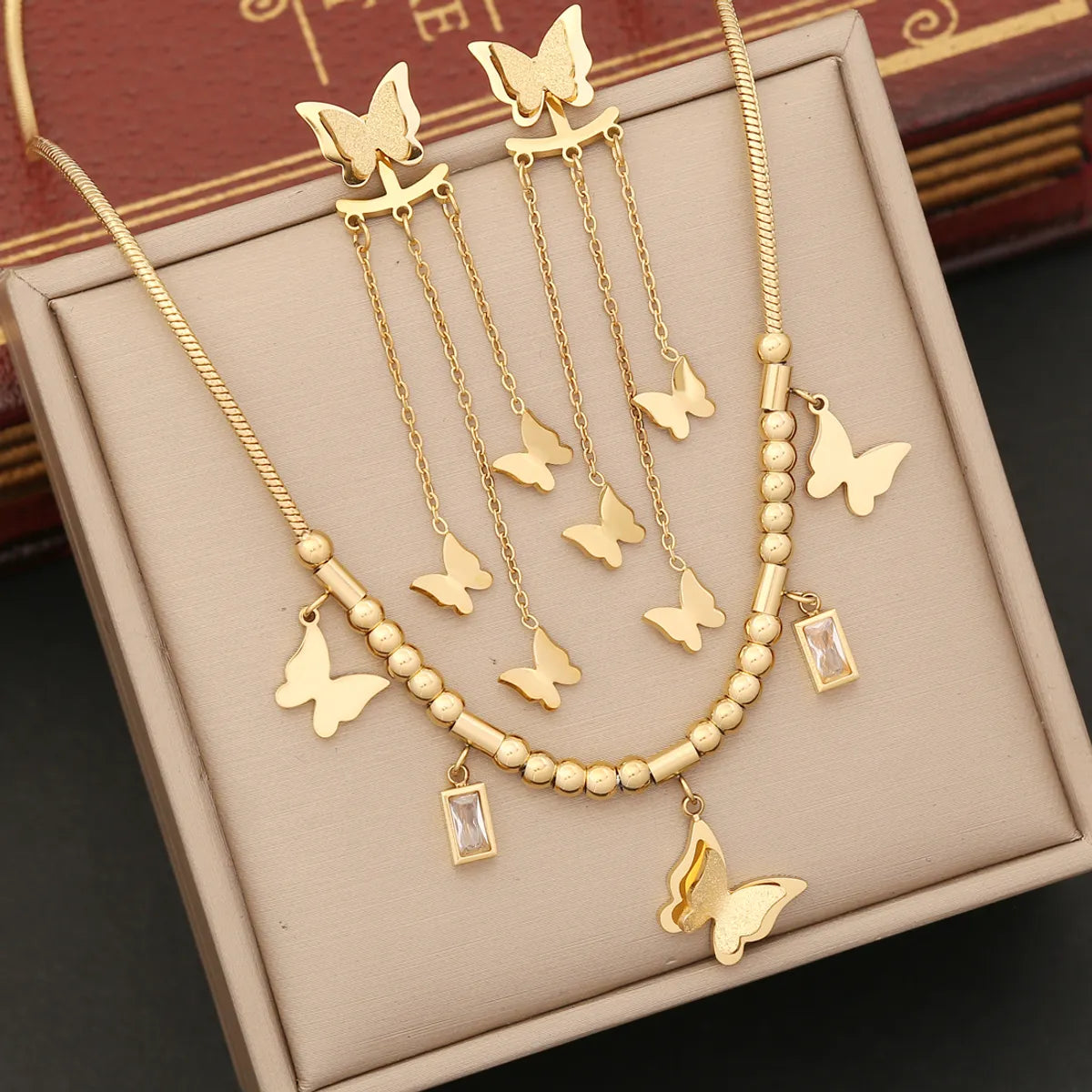 Wholesale Elegant Butterfly Stainless Steel Plating Inlay Artificial Diamond Bracelets Earrings Necklace