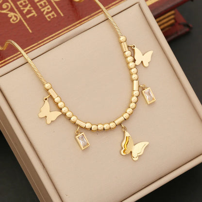 Wholesale Elegant Butterfly Stainless Steel Plating Inlay Artificial Diamond Bracelets Earrings Necklace