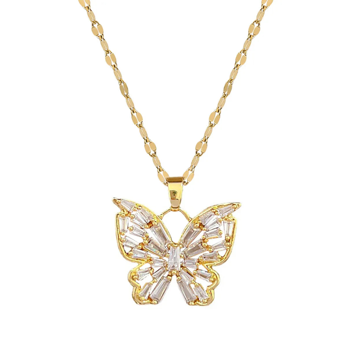 Stainless Steel Copper Elegant Inlay Butterfly Zircon Pendant Necklace