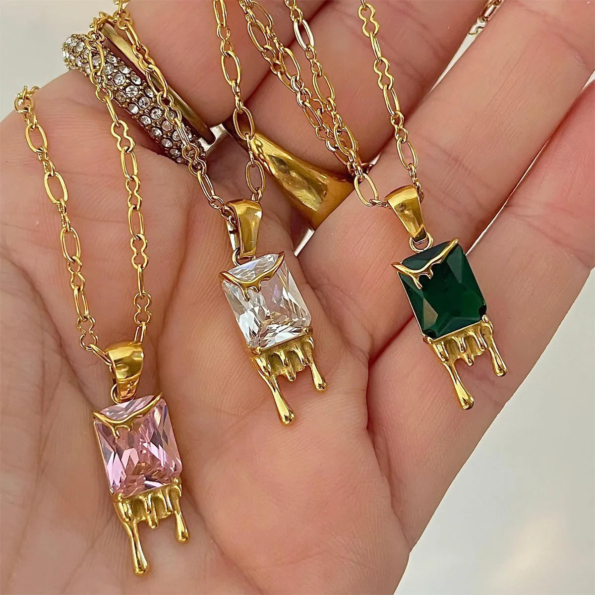 Wholesale Elegant Classic Style Geometric Square Water Droplets Stainless Steel Plating Inlay Gold Plated Zircon Pendant Necklace