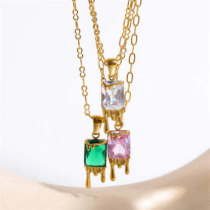 Wholesale Elegant Classic Style Geometric Square Water Droplets Stainless Steel Plating Inlay Gold Plated Zircon Pendant Necklace