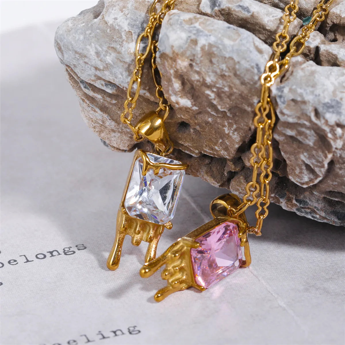 Wholesale Elegant Classic Style Geometric Square Water Droplets Stainless Steel Plating Inlay Gold Plated Zircon Pendant Necklace