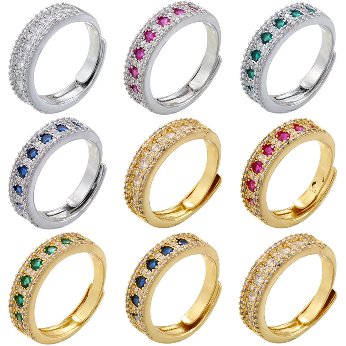 Wholesale Elegant Color Block Copper Plating Inlay Zircon Open Rings