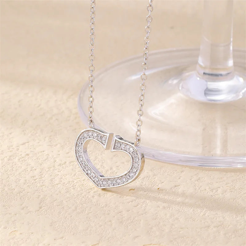 Wholesale Elegant Cute Luxurious Heart Shape 304 Stainless Steel Copper Plating Inlay Rhodium Plated Zircon Pendant Necklace