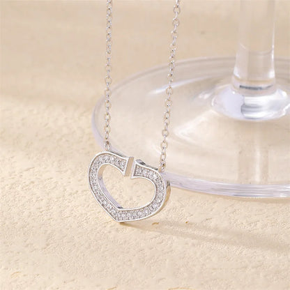 Wholesale Elegant Cute Luxurious Heart Shape 304 Stainless Steel Copper Plating Inlay Rhodium Plated Zircon Pendant Necklace