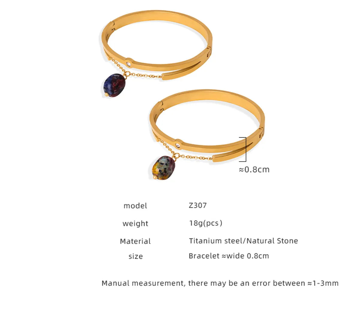 Elegant Geometric Natural Stone Titanium Steel Plating 18k Gold Plated Bangle