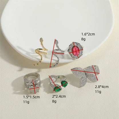 Wholesale Elegant Glam Heart Shape Snake Butterfly Copper Plating Inlay Zircon Open Rings