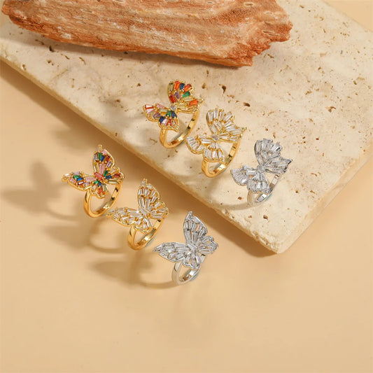 Wholesale Elegant Glam Sweet Butterfly Copper Plating Inlay Zircon Open Rings