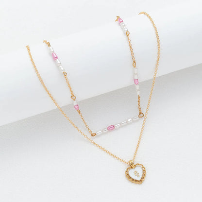 Wholesale Elegant Heart Shape Stainless Steel Artificial Pearl Gold Plated Layered Necklaces