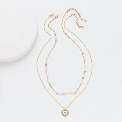 Wholesale Elegant Heart Shape Stainless Steel Artificial Pearl Gold Plated Layered Necklaces