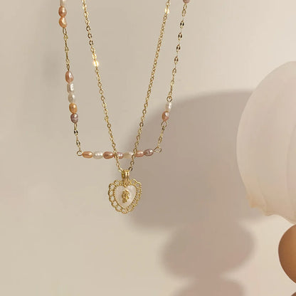 Wholesale Elegant Heart Shape Stainless Steel Artificial Pearl Gold Plated Layered Necklaces