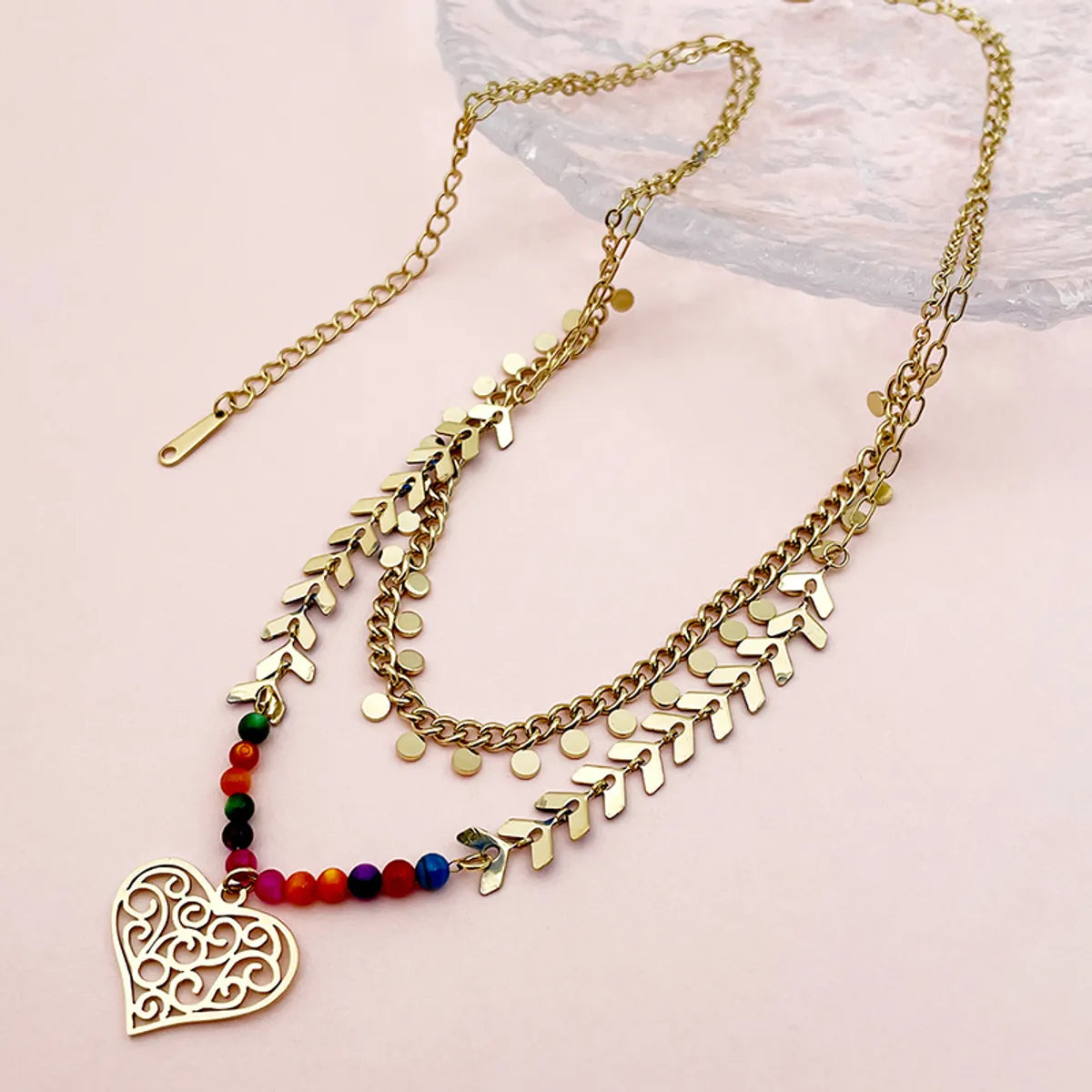 Wholesale Elegant Heart Shape Stainless Steel Enamel Plating Gold Plated Double Layer Necklaces