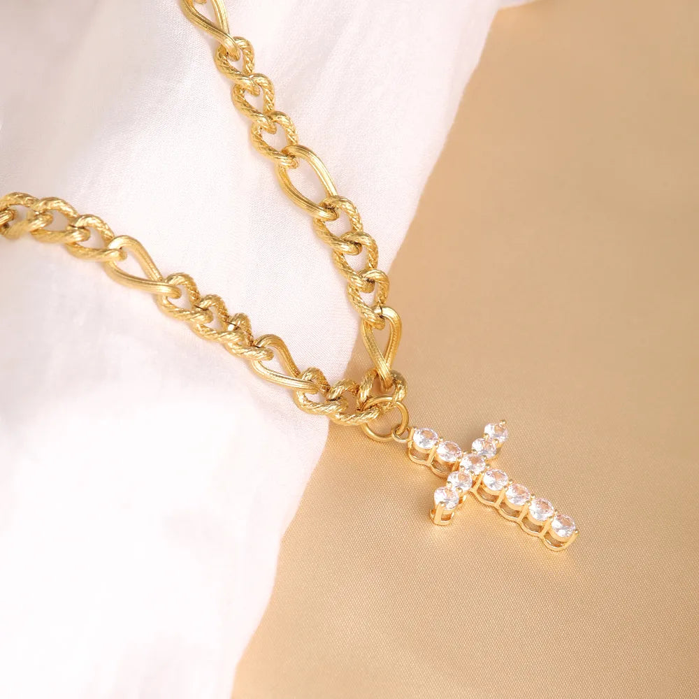 304 Stainless Steel Copper 18K Gold Plated Elegant Lady Streetwear Plating Inlay Cross Zircon Pendant Necklace