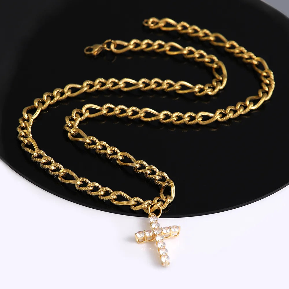 304 Stainless Steel Copper 18K Gold Plated Elegant Lady Streetwear Plating Inlay Cross Zircon Pendant Necklace