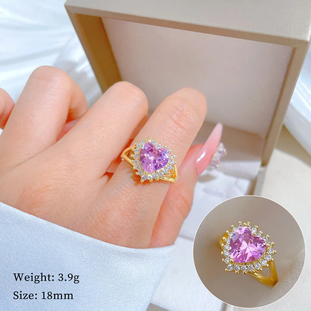 Brass Gold Plated Elegant Luxurious Shiny Inlay Heart Shape Artificial Gemstones Artificial Crystal Adjustable Ring