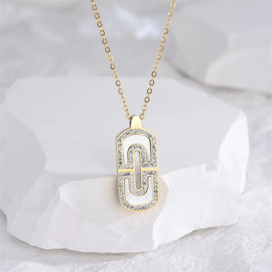 Wholesale Elegant Luxurious Simple Style U Shape Oval Stainless Steel Plating Inlay 18k Gold Plated Rhinestones Pendant Necklace