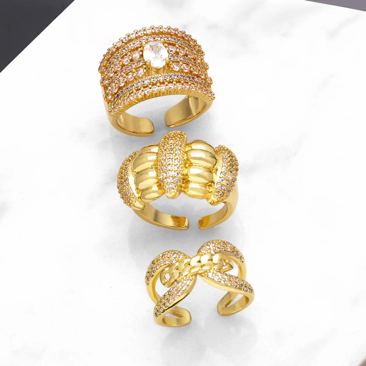 Wholesale Elegant Modern Style Geometric Copper Plating Inlay 18K Gold Plated Zircon Rings