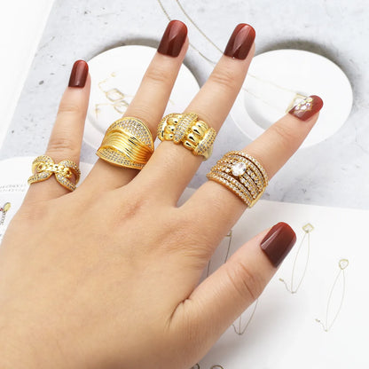 Wholesale Elegant Modern Style Geometric Copper Plating Inlay 18K Gold Plated Zircon Rings