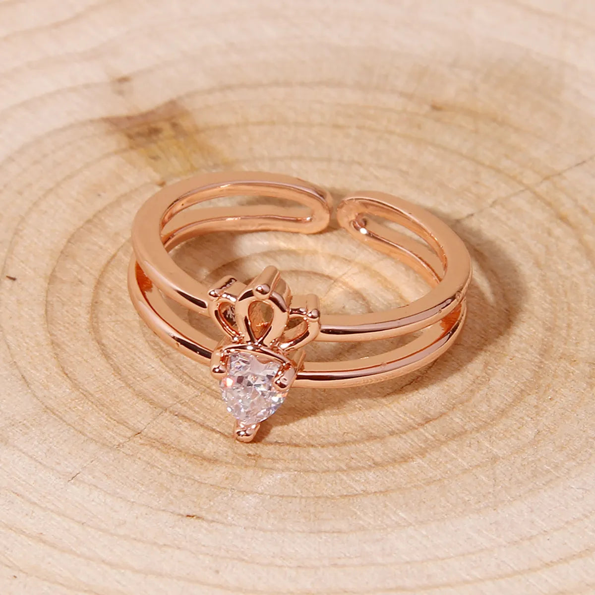 Wholesale Elegant Princess Heart Shape Crown Carrot Copper Plating Inlay Rose Gold Plated Zircon Open Rings