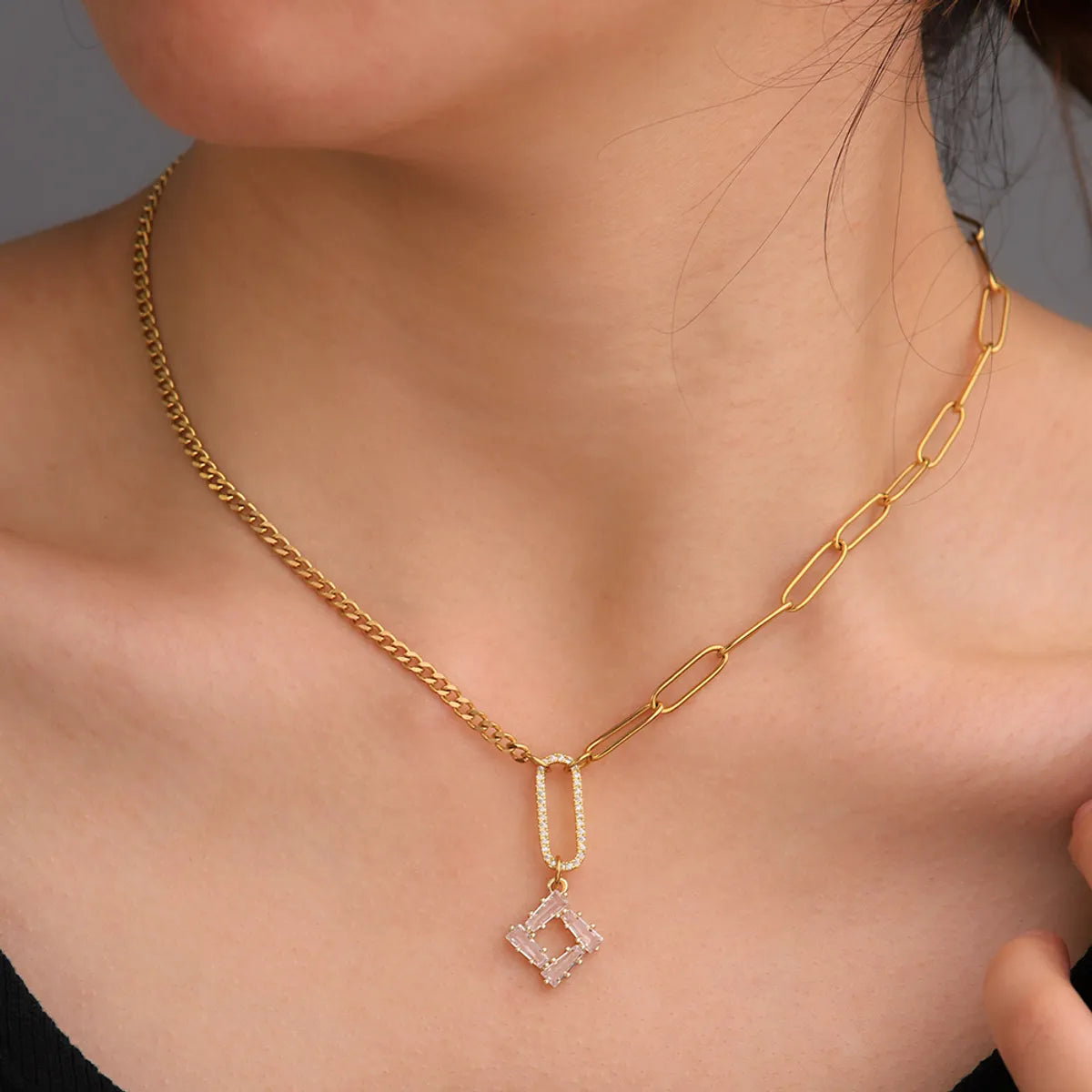 304 Stainless Steel Copper 18K Gold Plated Elegant Romantic Simple Style Plating Inlay Round Square Flower Zircon Double Layer Necklaces Pendant Necklace